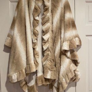 Adrienne Landau Cream Tan Faux Fur Wrap Cape Shawl